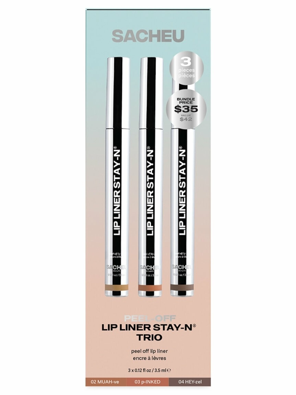Sacheu Peel-Off Lip Liner Stay-N Trio Set (03 p-INKED, 04 HEY-zel, 05 cLOVER)
